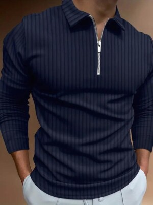 Navy Blue Polo Shirt Men Zipper Collar Long Sleeve Stripe Golf Zip Classic Fit