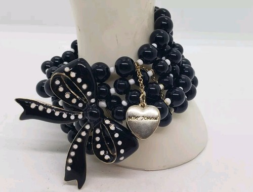 Vintage Betsey Johnson Black Beaded Multi Strand Bracelet & Bow Brooch RARE