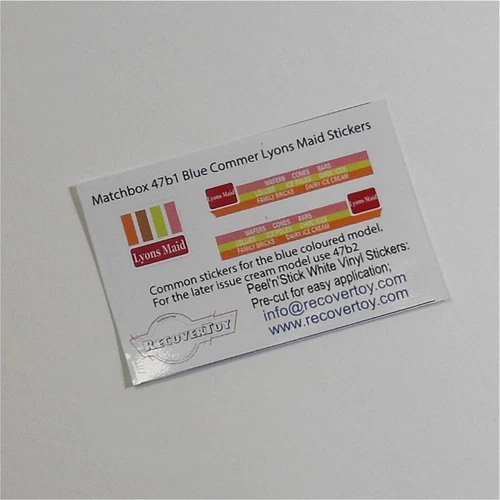 Matchbox Lesney 47b1 Commer Lyons Maid Icecream Sticker Set