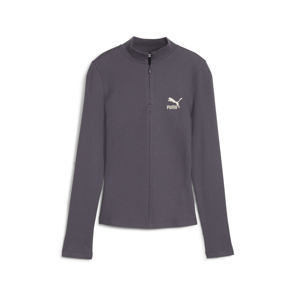 Женская серая футболка Puma Classics с имитацией шеи и длинным рукавом с логотипом Puma Classics в рубчик на молнии Casu