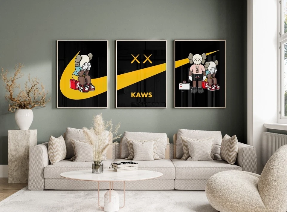 Conjunto de 3 piezas amarillas de arte de pared Nike Kaws lienzo decoración del hogar galería de retratos Foto 2 de 4