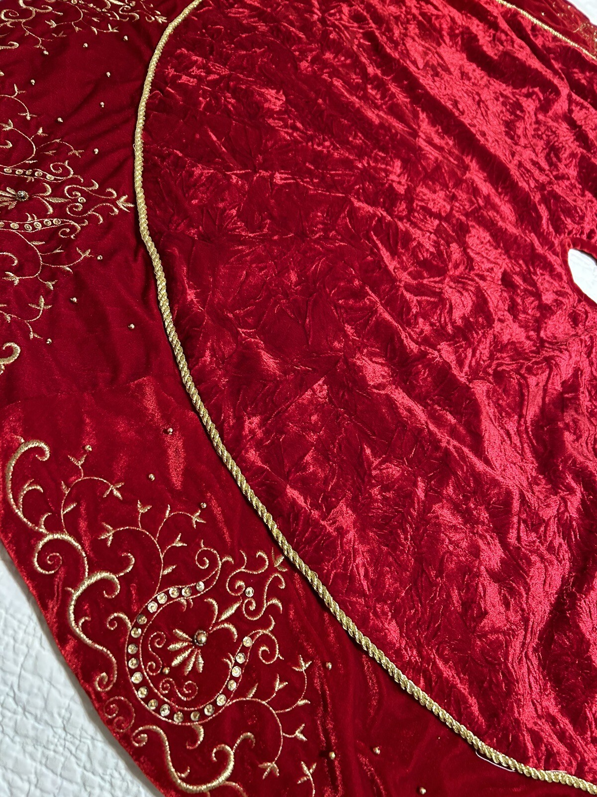 Santa’s Best Tree Skirt Red Crushed Velvet w/Gold Trim 54" Rhinestones