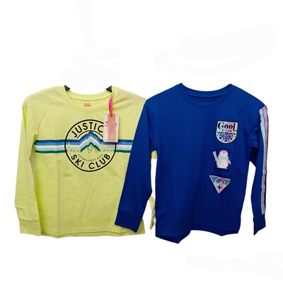 Lot of 2 Justice Girls T-Shirts-7/8-Lime Green-Royal Blue-Long Sleeves
