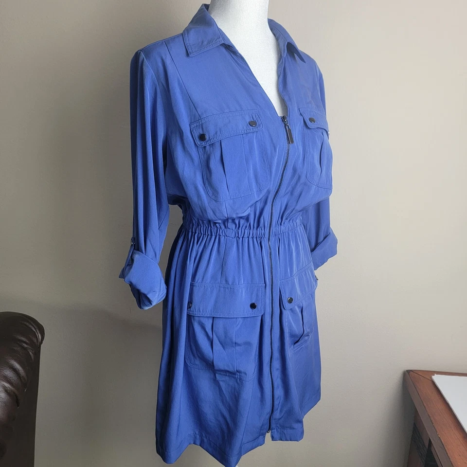 Alfani Women's Light Blue Zip Up Shirt Dress Pockets Roll Tab Sleeve V Neck SZ 6 - Image 3 of 4