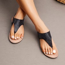 Women Flip Flops T-Strap Rhinestone Thong Flat Sandals Beach Walking Sandals