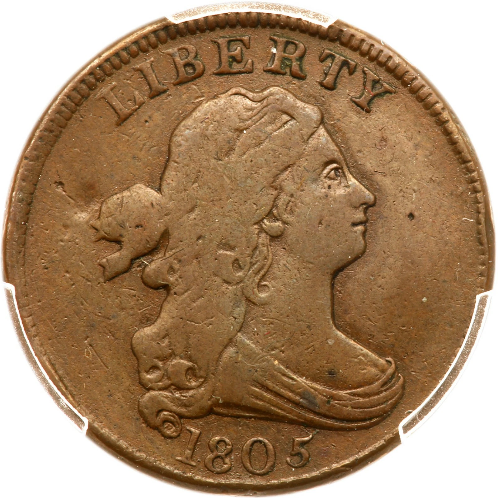 1805 C-3 R-4 PCGS VF 20 Sm 5, Stems Draped Bust Half Cent Coin 1/2c