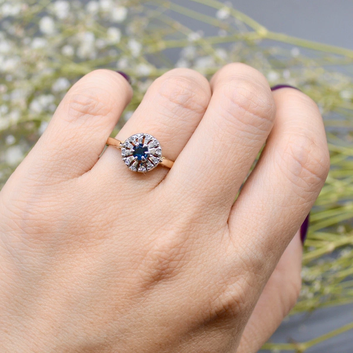 Vintage 1970s 18ct Gold Sapphire Diamond Daisy Engagement Ring eBay