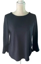 LOFT Long Sleeve Navy Jacquard Top Crew Neck Bell Sleeve Size M