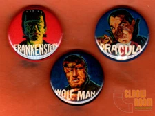 Set of three 1" Universal Monsters pinback buttons pins reproduction Dracula