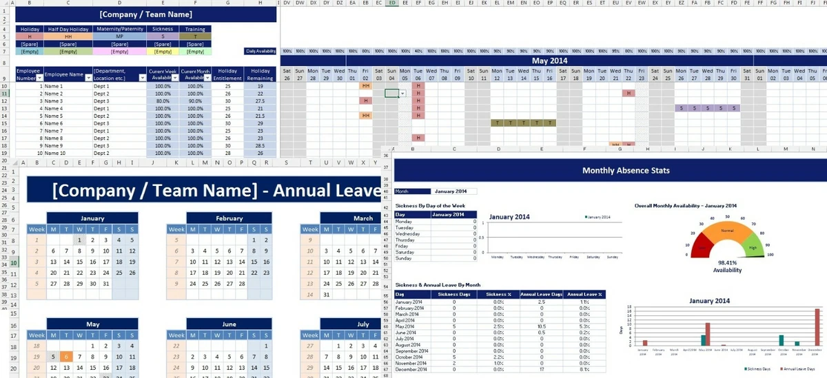 Excel Spreadsheet Employee, Staff Holiday & Sickness Planner, Calendar  reusable | eBay