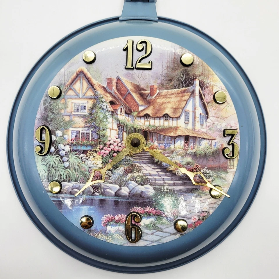 Blue Painted Cottage Scenery 8" Fry Pan Battery Operated Wall Clock Made in USA - Image 3 of 4