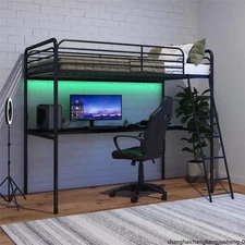 Black Twin Gaming Loft Bed 78x44x40 Desk LED 350lb No-Box-Spring Gift