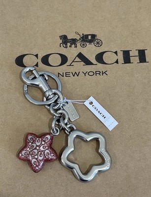 NWT COACH Signature Star Bag Charm Key Ring FOB Silver Pink Petal