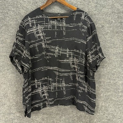 Liz & Me Blouse Women 24W Plus Black Geometric Short Sleeve Silk Lined Top