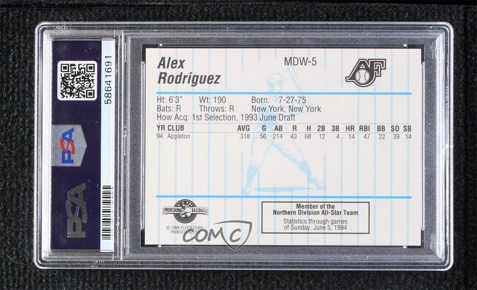 1994 Fleer ProCards Midwest League All-Star Game Alex Rodriguez PSA 10 Rookie RC - Image 2 of 2