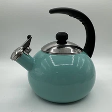 Farberware Luna Whistling Tea Pot Kettle Aqua Blue 2.5 qt Enamel on Steel