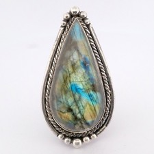 GLOWING DROP Labradorite Southwest Sterling Rope Bezel Ring, US 9