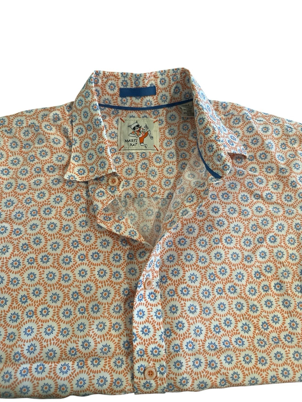 Marti Kat Shirt Men’s Button Down Size M S/S Modal Orange Blue Beach Golf