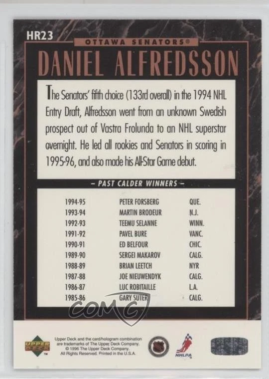 1995-96 Upper Deck Hobby Award Predictor Prizes Daniel Alfredsson Rookie RC HOF - Image 2 of 2