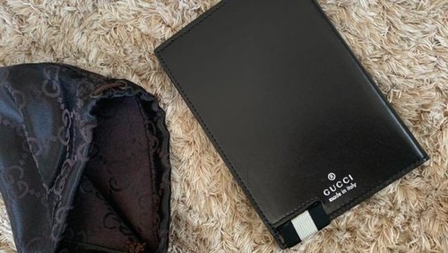 GUCCI Photo Frame Black Leather Foldable Rubber band with GG Monogram Case Italy - Picture 4 of 11