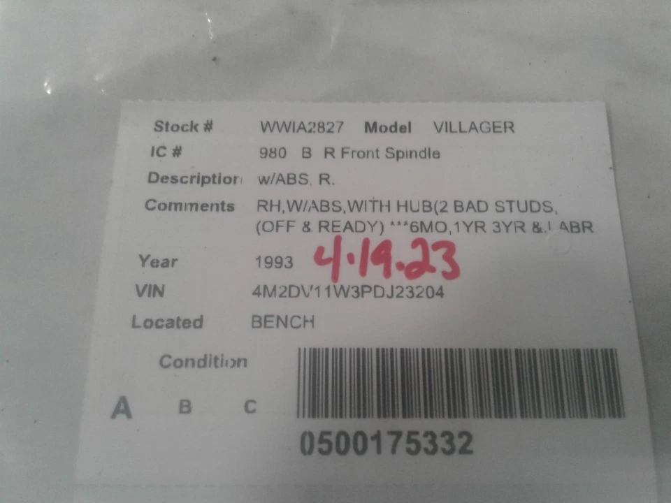 Used Front Right Steering Knuckle fits: 1993 Mercury Villager w/ABS Front Right - Image 3 of 4