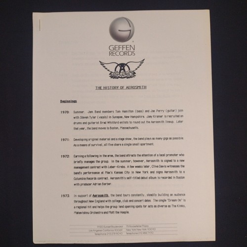 AEROSMITH '' The History of Aerosmith'' Geffen Original Press Release 1991