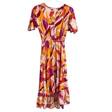 Abel The Label ATL Yellow Orange Tropical Ruffle Midi Dress XS Beach Vacation