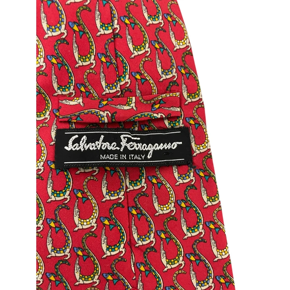 Salvatorre Ferragamo Necktie Mens Red Crocodile Fish Print Pointed Tip - Image 4 of 4