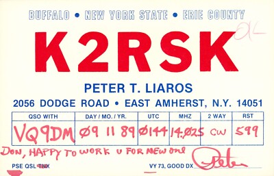1989 QSL Radio Card K2RSK to VQ9DM East Amherst NY USA