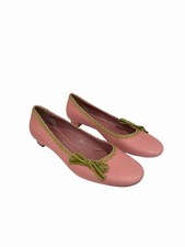 Miu Miu Pink Leather Ballet Flats Green Velvet Bow Trim Shoes 39.5