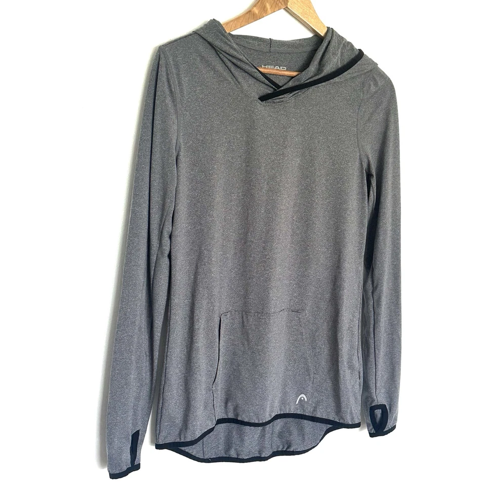 Голова спортивная рубашка средний серый черный длинным рукавом с капюшоном легкий спортзал Топ - Изображение 2 из 4