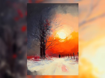Dramatischer Winter Sonnenuntergang Pfad, Ölgemälde Druck 5''x7'' auf mattem Papier