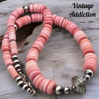 A Queen Conch Navajo Pearl Mercury Dime Bead Necklace Sterling Graduated Squash