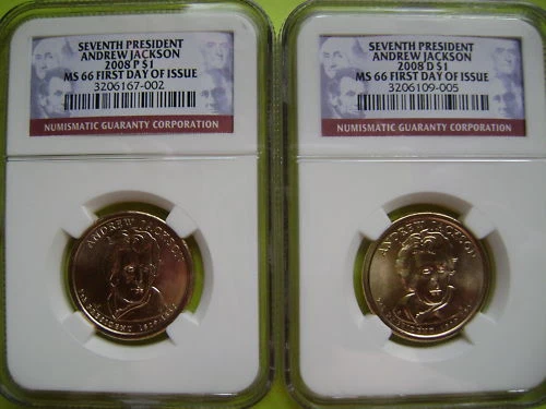 2008-P&D ANDREW JACKSON NGC MS66 FDI 2-COIN BUSINESS STRIKE DOLLAR SET