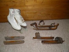 4 Pairs Of Vintage/Antique Ice Skates Inc Iron/Wood Skates & White LaceUp Skates