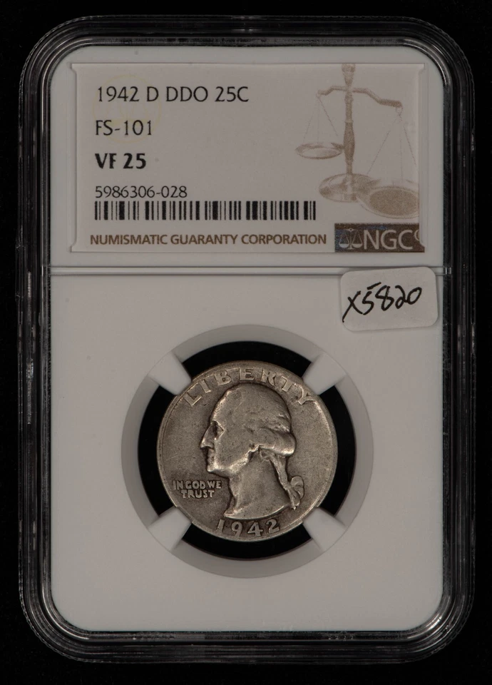 1942-D DDO  25c Silver Washington Quarter FS-101 Double Die - NGC VF 25 - X5820 - Image 2 of 4