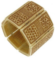 Wide Off White Brown Ethnic Design Beaded Stretch Bracelet One Size Fits Most