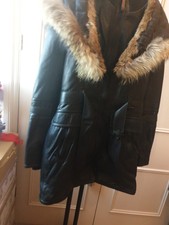 Rudsak Black Leather Coat With Leather Detailing & Fur Trim Hood, Sz 14 Rrp £895