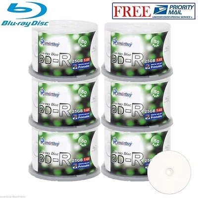 300 Pack SmartBuy BD-R 6X 25GB Blu-ray White Inkjet Printable Store Record Disc