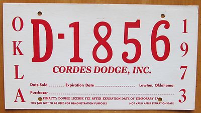 Oklahoma 1973 CORDES DODGE, DEALERSHIP TEMPORARY License