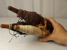 Farmhouse Chic Set Of 3 Wooden Bobbin Spool Spindles With Wool