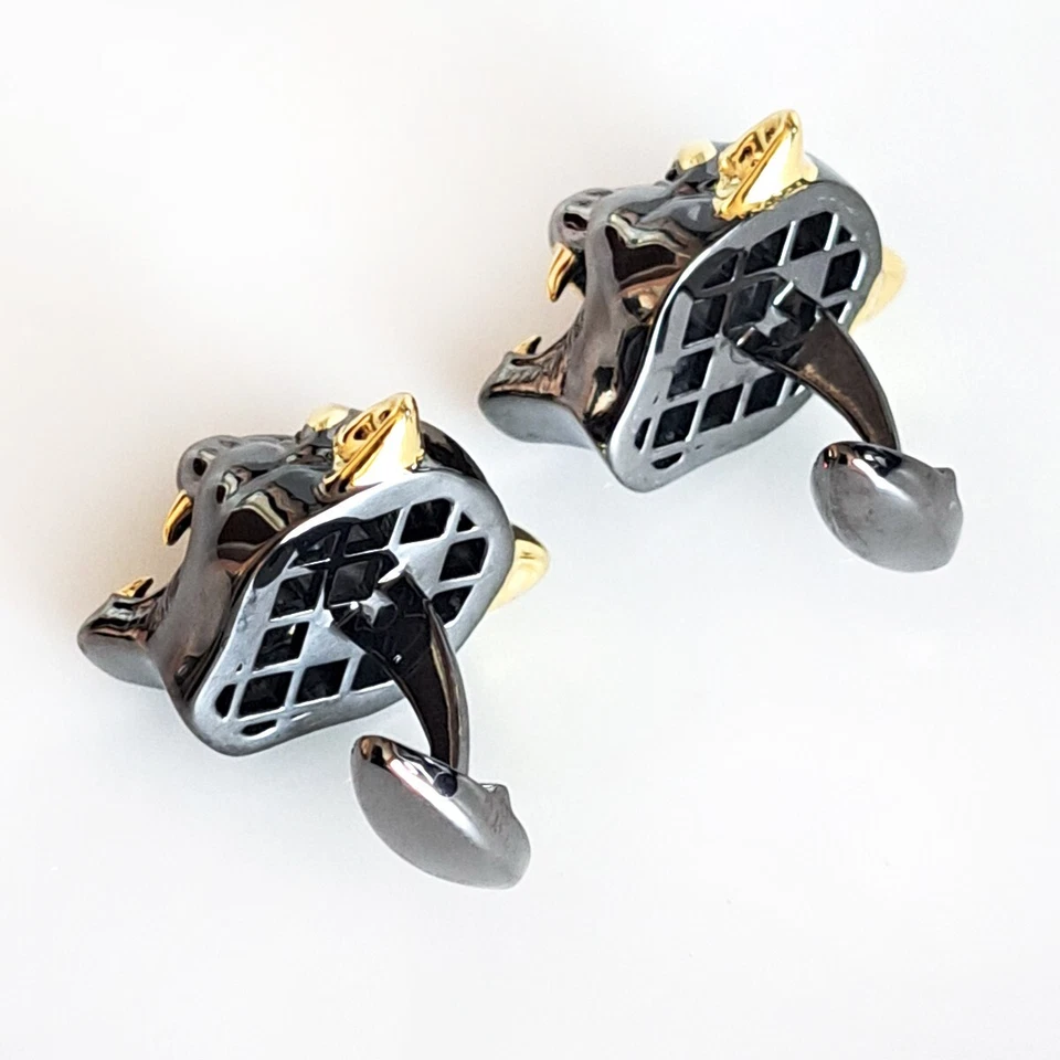 Abotoaduras de cabeça de pantera folheadas a ouro e preto prata esterlina olhos verdes - Imagem 4 de 4