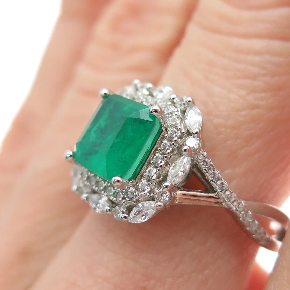 DSMK 925 Sterling Silver Real Doublet Emerald & C Z Ring Size 6.25 - Image 2 of 4