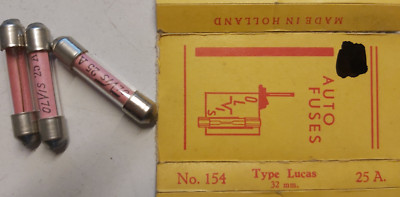 3x Glas-Sicherung,25A,mit Sehhilfe,6.35x32mm,1/4x32mm,Lucas Type,alt Bestand,NOS
