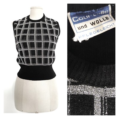 Vintage schwarz und silber karierte Weste ärmellos Pullover 10UK