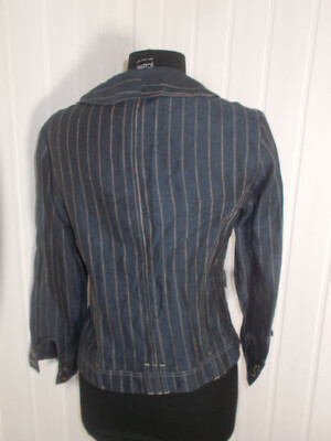 Veste Blazer En Lin Bleu Marine Rayé Jaune Pause Café Taille 40 - Occasion Très Bon état