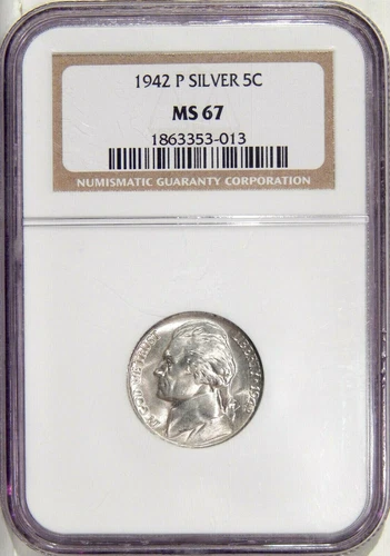1942-P SILVER 5c NGC MS 67 ~ HIGH GRADE JEFFERSON NICKEL WITH NEAR FULL STEPS