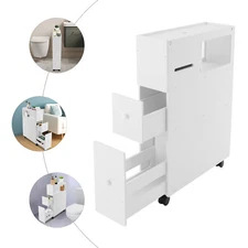 Bathroom Low Cabinet Narrow Slim Storage Tower Table Box With 2 Drawers & Wheels