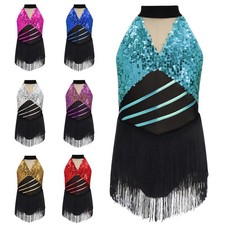 Girls Leotard Modern Dancewear Halter Neck Dress Tango Costume Bodice Ruched
