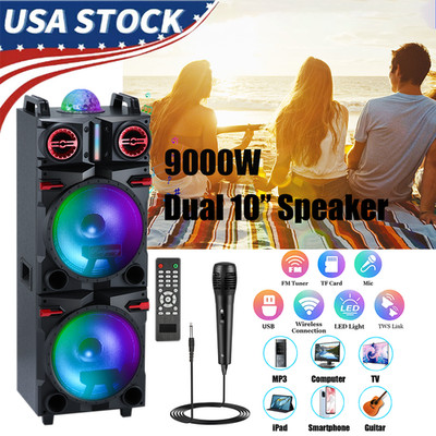9000W Dual 10'' Subwoofer Bluetooth Speaker Rechargeable LED FM for DJ Karaoke